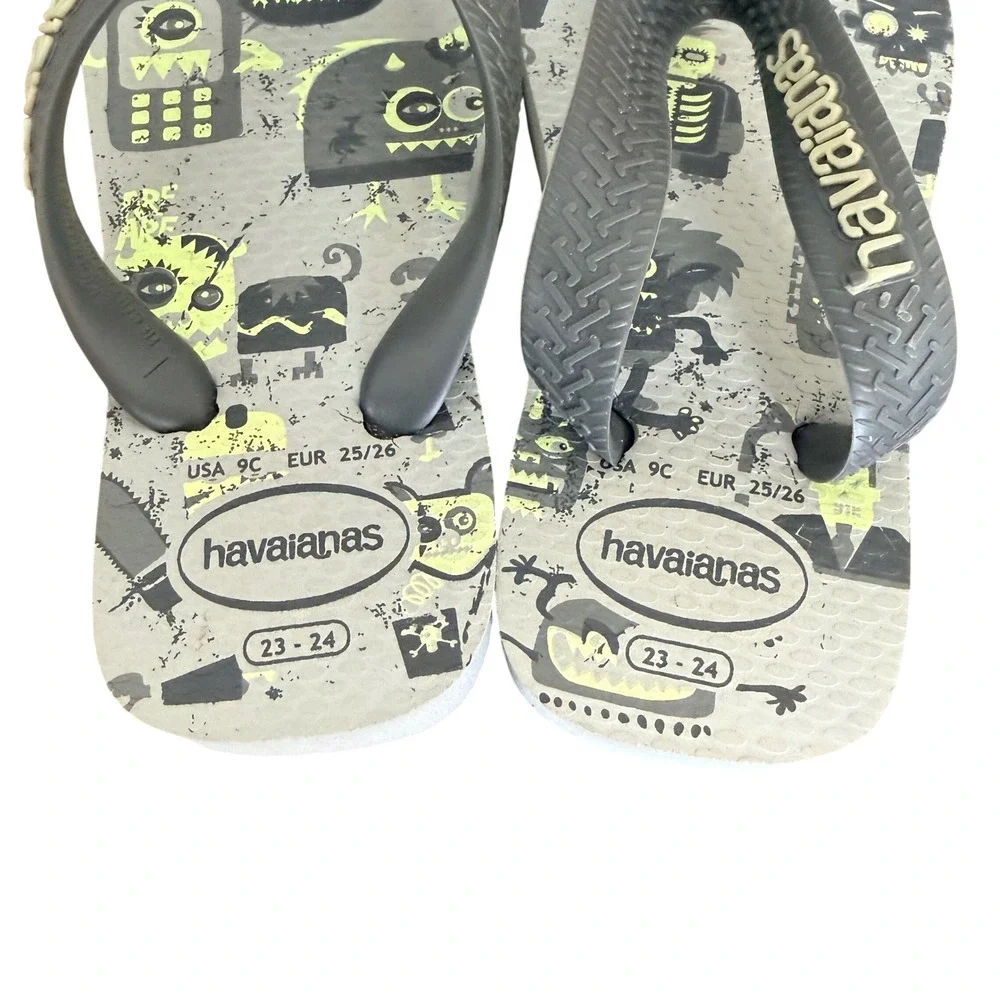 Havaianas Kids Monster Rock Graphic Flip Flops Grey Neon Green USA 9C EUR 25/26